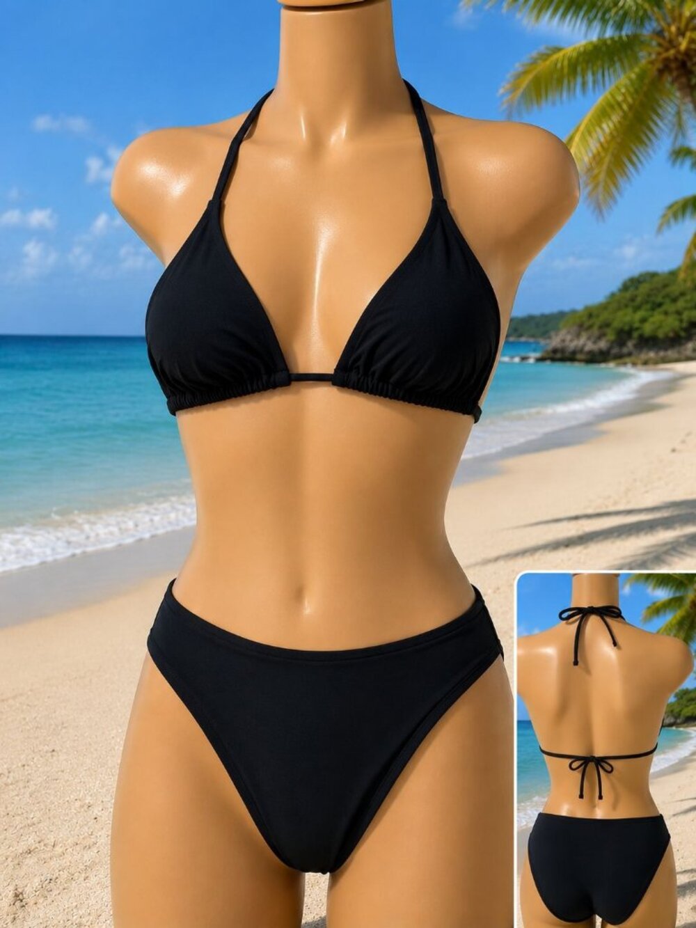 Shade & Shore MEDIUM Black Bikini Set Triangle Top & low-rise Bottoms NEW